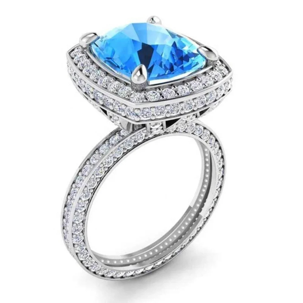 🎀  925 Silver Plated Princess Sea Blue Aquamarine Ring, FB16FA1050
